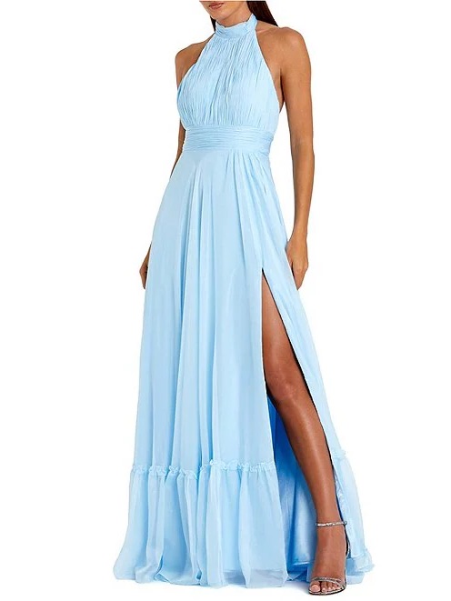 Mac Duggal Sky Blue Halter Maxi Gown With Side Slit